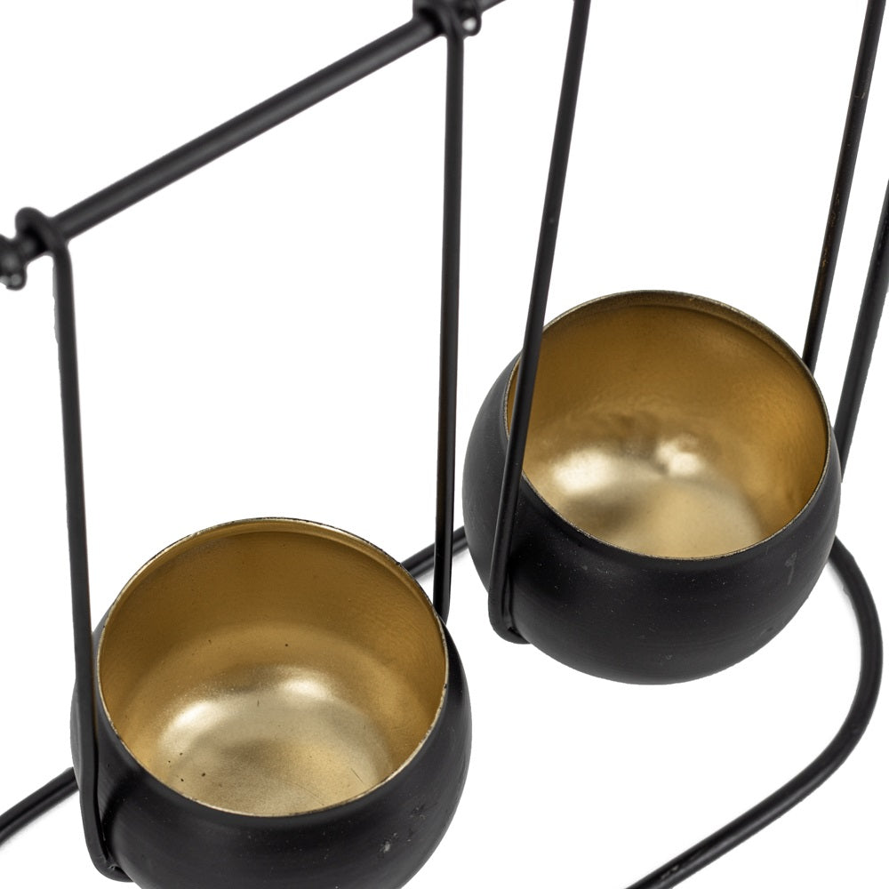 Rek met 2 houders - voor kaarsjes - zwart / goud
